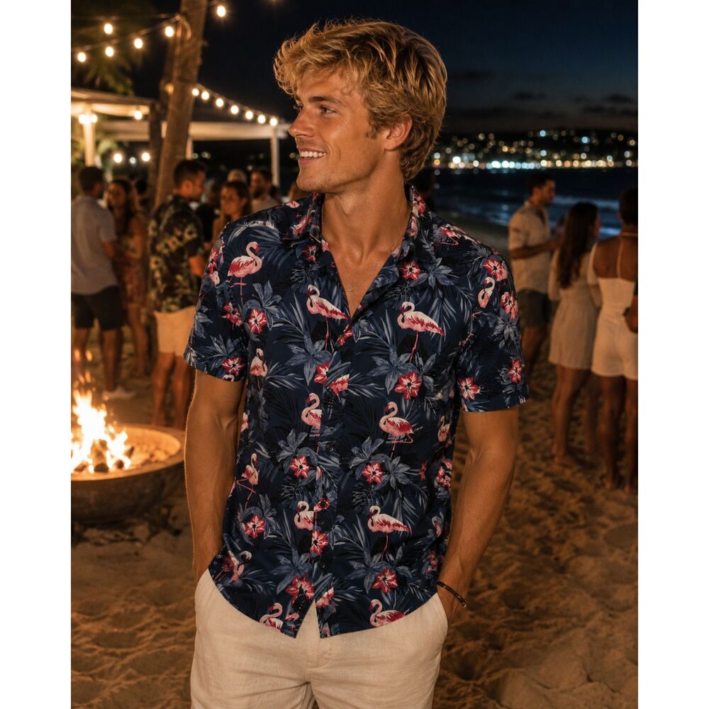 Envmenst Flamingo Hawaiian Button Down Shirt Navy Tropical Mens Small Beach